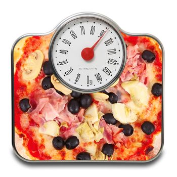 Scales for people with pizza in white background