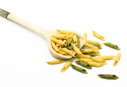 wood spoon with italian pasta on white background