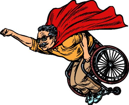man retired superhero disabled in a wheelchair. Health and longevity of older people