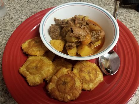 beef stew and flattened plantains from Puerto Rico