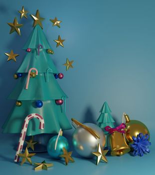Christmas tree and accessory for decoration on blue background. 