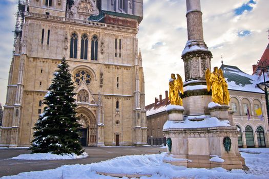 Zagreb cathedral and Kaptol square snow view