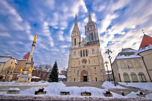 Zagreb cathedral and Kaptol square snow view
