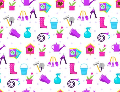 Gardening seamless pattern with garden tools. Spring endless backdrop. Horticulture texture, wallpaper. Cute summer background. Vector illustration