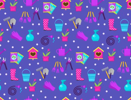 Gardening seamless pattern with garden tools. Spring endless backdrop. Horticulture texture, wallpaper. Cute summer background. Vector illustration