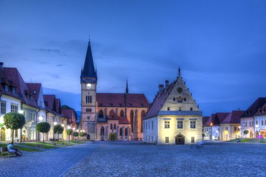 St. Egidius Basilica and city hall in old city of Bardejov, Slovakia, hdr
