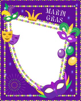 Mardi Gras frame template with space for text. Mardi Gras Carnival poster, flyer, invitation. Party, parade background. Vector illustration