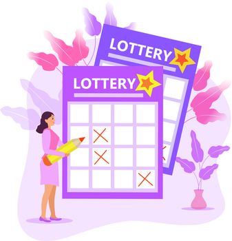 Leading girl notes numbers lottery, lotto, raffle, keno. Modern illustration flat style. A woman with a pencil writes on a ticket. Vector