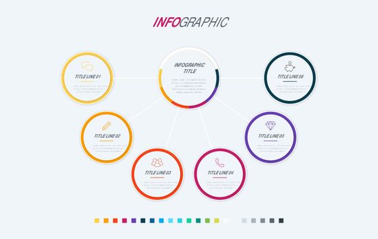 Timeline infographic design vector. 6 options, circle workflow layout. Vector infographic timeline template. Warm palette.
