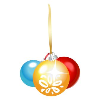 Christmas colored glass balls with ribbon olated on white background. Traditional New Year tree decoration. Symbol of winter holidays