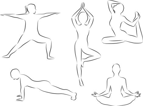 Women doing yoga exercises silhouettes outline vector illustration on a white background isolated. Activity outdoors meditation and relaxation. Active lifestyle concept