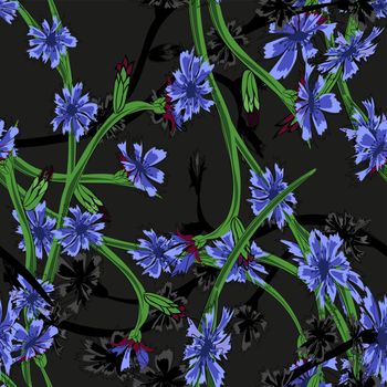Art illustration with blue cornflower seamless. Spring floral background.