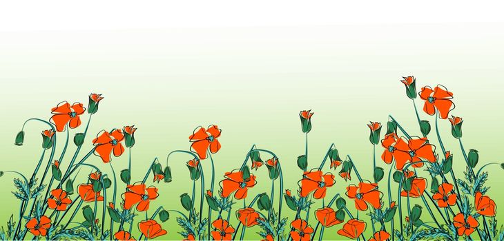 Landscape With Grass And Poppy, Vector Illustration