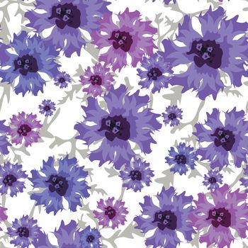 Vector seamless pattern with blue cornflowers on white. Easily editable vector image