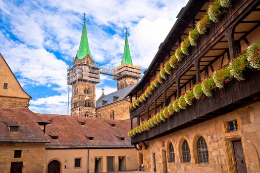 Bamberger Dom or Bamberg cathedral towers and streets of old tow