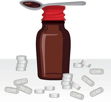 Bottle of homeopathic remedy syrop and a spoon with remedy mixture