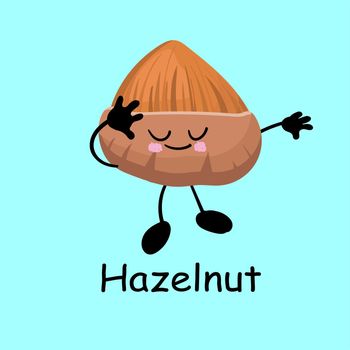 Hazelnut. Cute nut character with hands and eyes. Cartoon fruit or vegetable. Useful vegan food.
