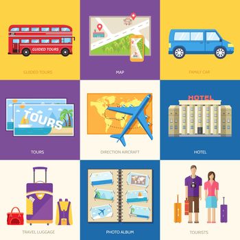 Travel guide infographic with vacation tour locations and items. Tourism with fast traveling of the world on a flat design style. Vector illustration concept icons set