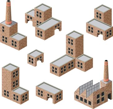 Vector isometric images of industrial buildings of brick