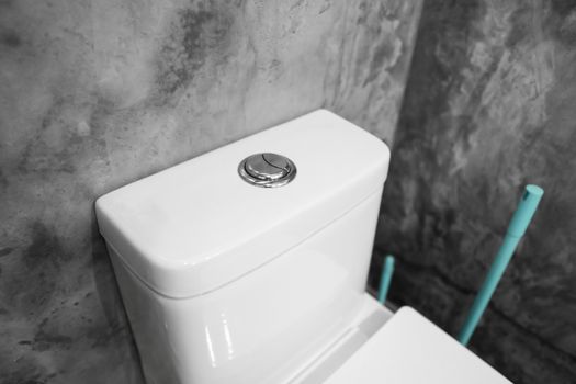 Close up on a flush toilet button for cleaning a toilet.