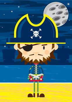 Cute Cartoon Pirate Captain on Beach