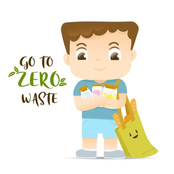 The boy holding glass bottles and use ECO bag for his lifestyle, Go to zero waste concept