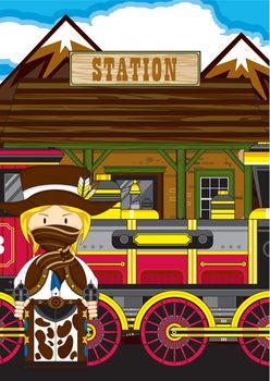 Adorably Cute Cartoon Wild West Outlaw Cowgirl and Vintage Steam Train Vector Illustration - by Mark Murphy Creative