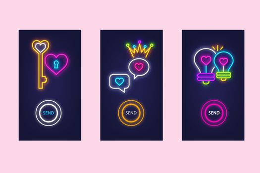 Love mobile app set with neon glow icons. Virtual love. UI desig