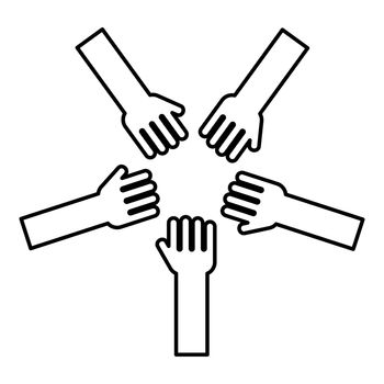 Five hands Group arms Many hands connecting Open palms People putting their hands together Stack hands concept unity icon outline black color vector illustration flat style image