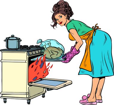 Woman housewife bakes bird in the oven