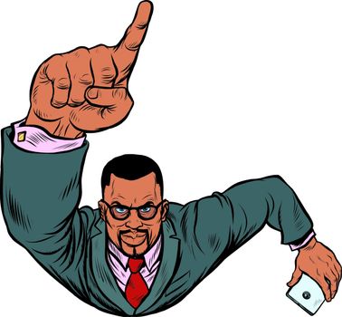 African businessman with a smartphone index finger up. Flying like a superhero