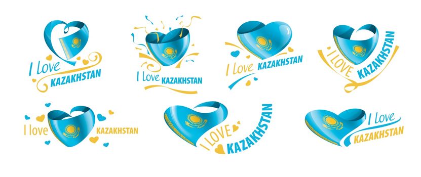 National flag of the Kazakhstan in the shape of a heart and the inscription I love Kazakhstan. Vector illustration