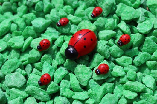 wooden ladybirds on green decoration granules