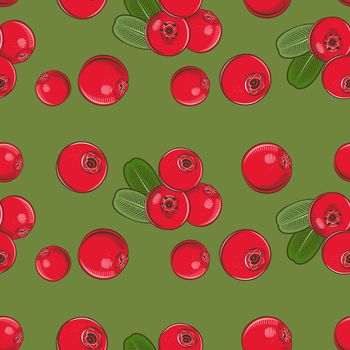 Vintage seamless pattern with cowberries on a green background. Colored vector illustration.