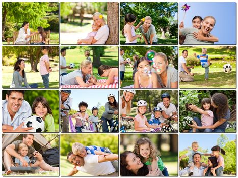 Montage of young adults having fun outdoors with their children