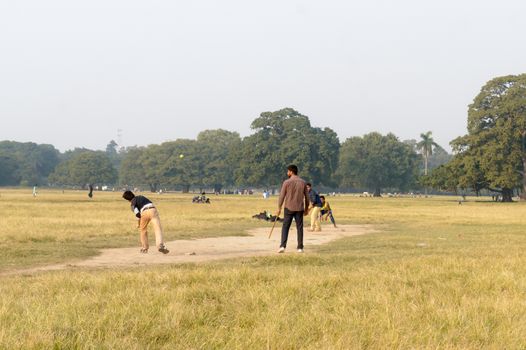 Local Indian boys having fun playing cricket game in Maidan area in the winter sunset evening time near Eden Gardens stadium, city of joy, Kolkata, West Bengal, India Asia May 2019