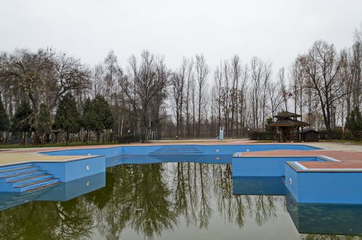 View of a swimming pool, part of a sports complex in the village of Kubratovo, Sofia, Bulgaria