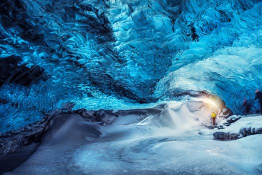 Man in the glacier cave, Iceland