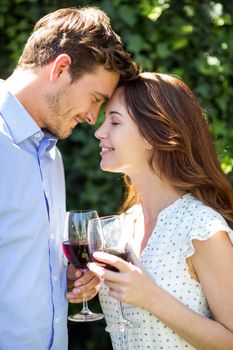 Romantic couple holding wineglasses at front yard