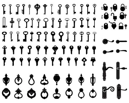 Silhouettes of door handle, knocker, latch, keys and padlocks