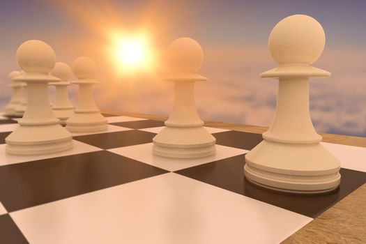 Composite image of white pawns on chess board