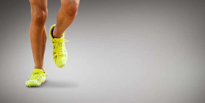 Composite image of close up of sportsman legs running on a white background