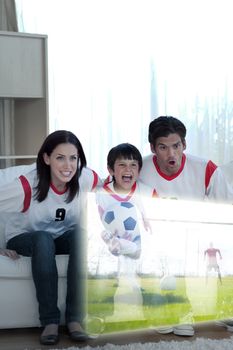 Composite image of animated family watching a football match 