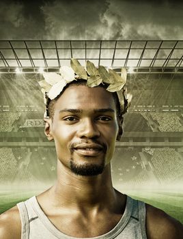 Composite image of portrait of victorious sportsman with crown of laurels 