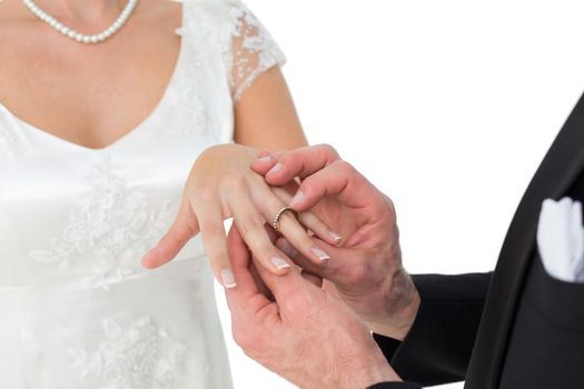 Loving bride and groom exchanging wedding ring