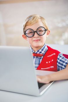 Portrait of schoolkid using laptop in classroom