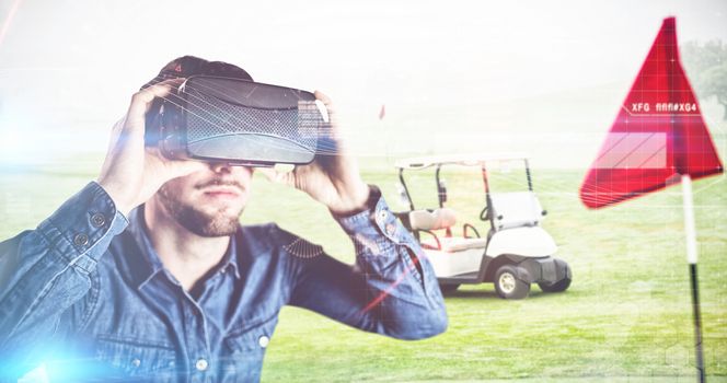 Composite image of man using an oculus