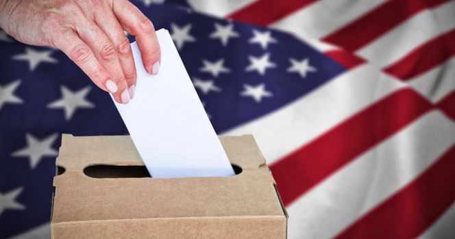 Composite image of businesswoman putting ballot in vote box