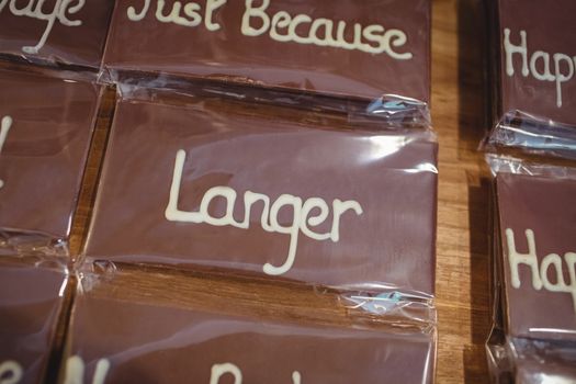 Close-up of packed chocolate plaque in display