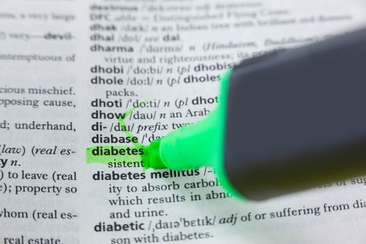 Highlighted word diabetes in dictionary